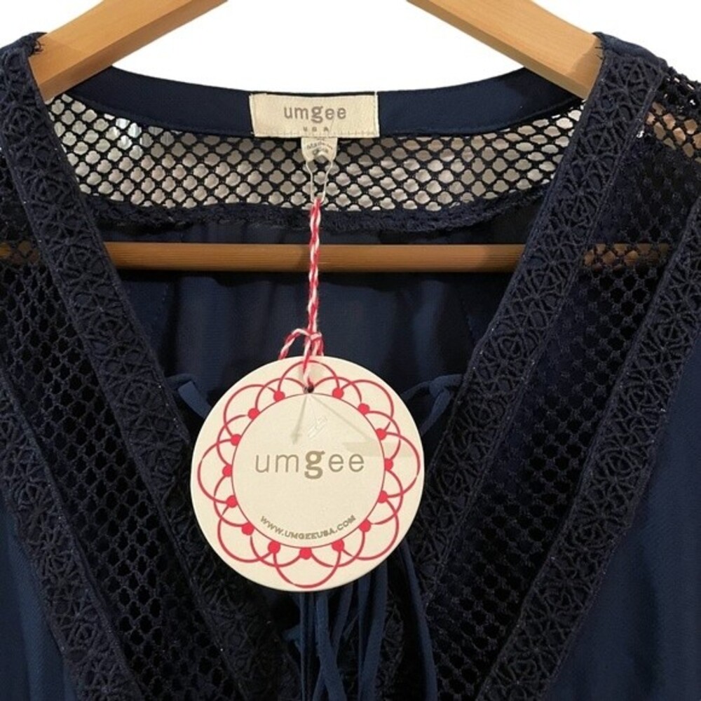 NEW Umgee Women's Navy Lace Up Neckline Babydoll Top 3/4 Sleeve Size Medium - Picture 2 of 10